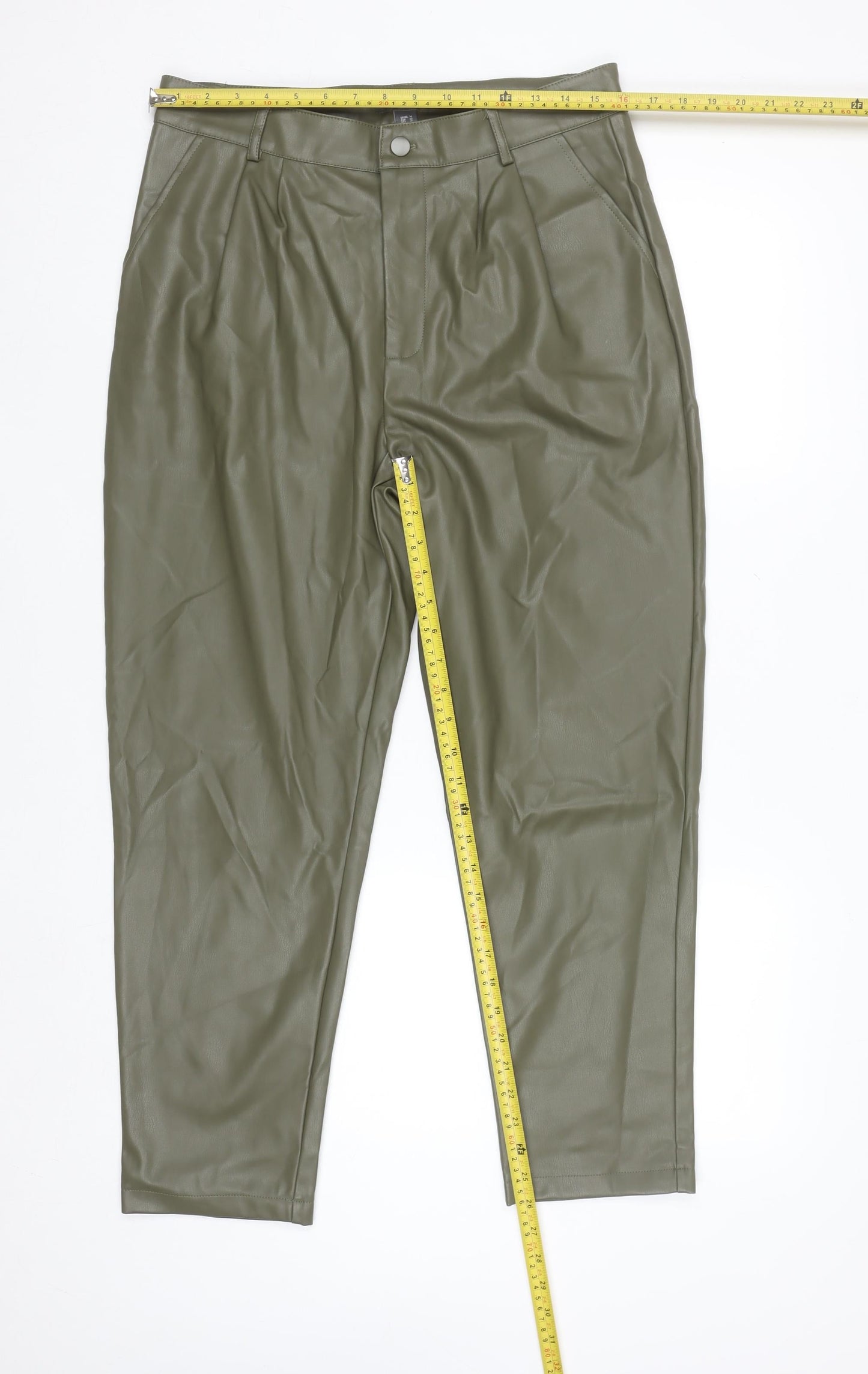Primark Womens Green Faux Leather High Rise Tapered Trousers Size 14
