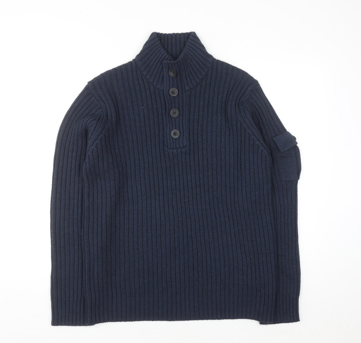 Dissident Mens Blue Chunky Knit Henley Jumper Size L