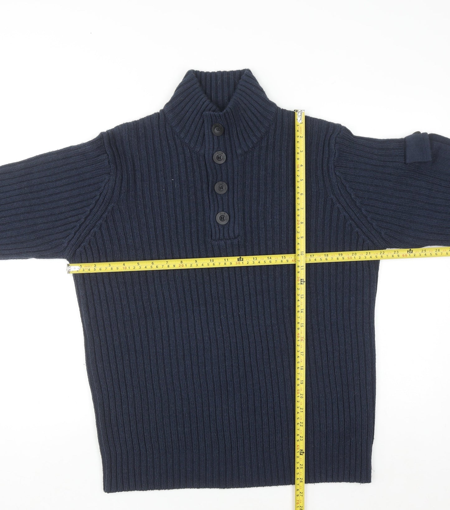 Dissident Mens Blue Chunky Knit Henley Jumper Size L