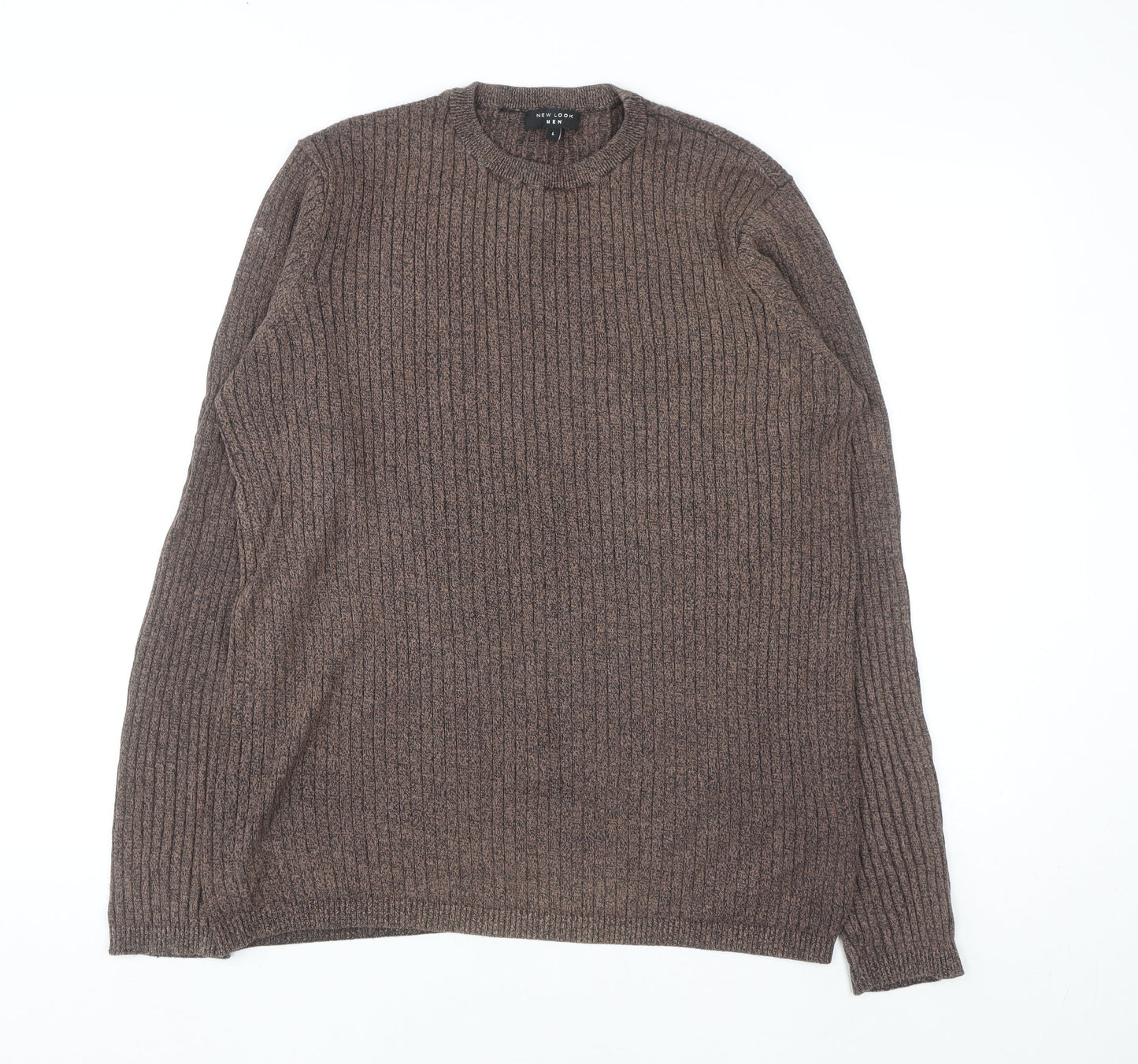 New Look Men Brown Ribbed Knit Cotton Jumper Size L Crew Neck
