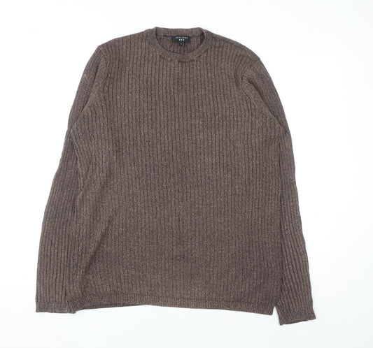 New Look Men Brown Ribbed Knit Cotton Jumper Size L Crew Neck