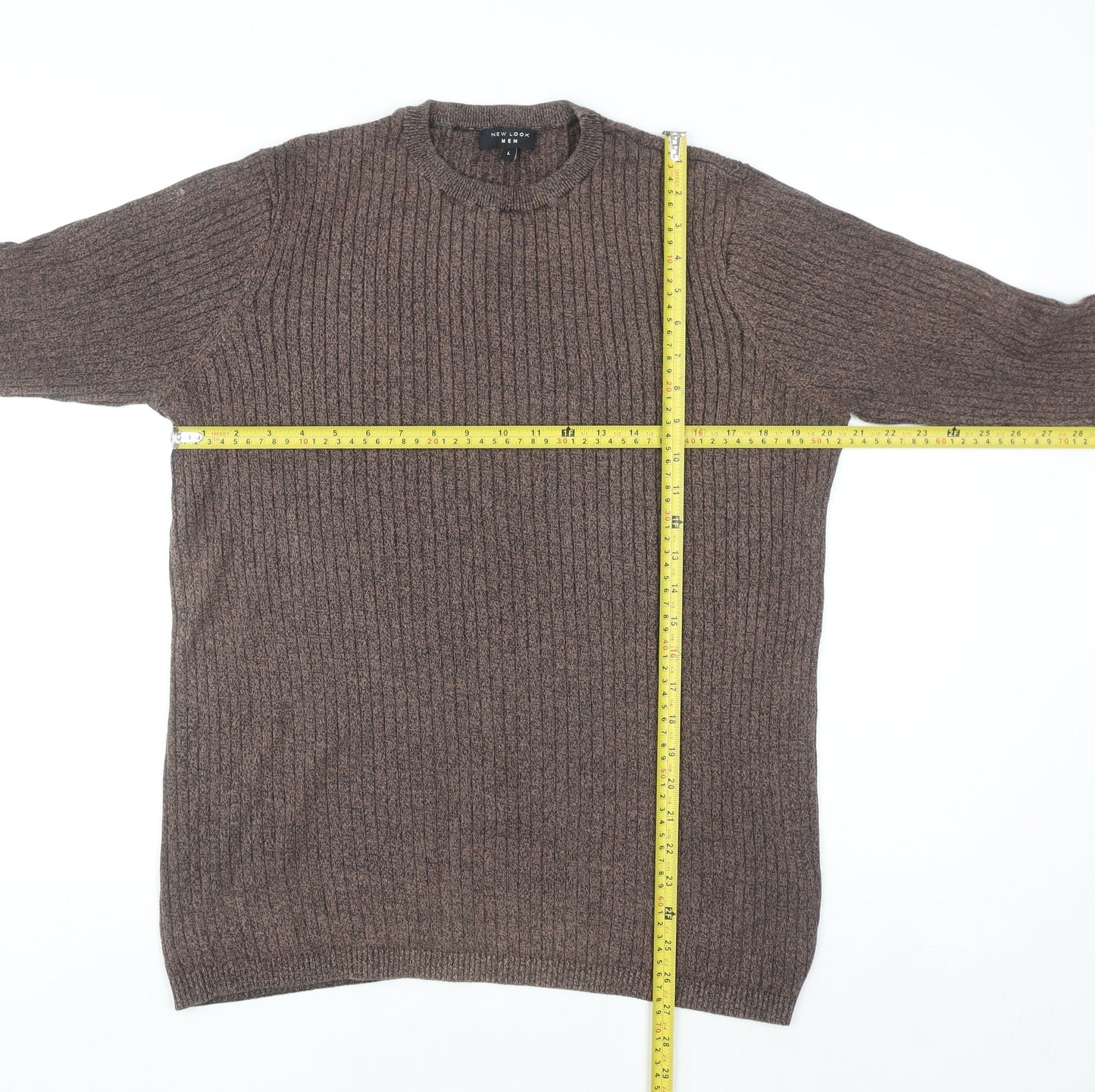 New Look Men Brown Ribbed Knit Cotton Jumper Size L Crew Neck