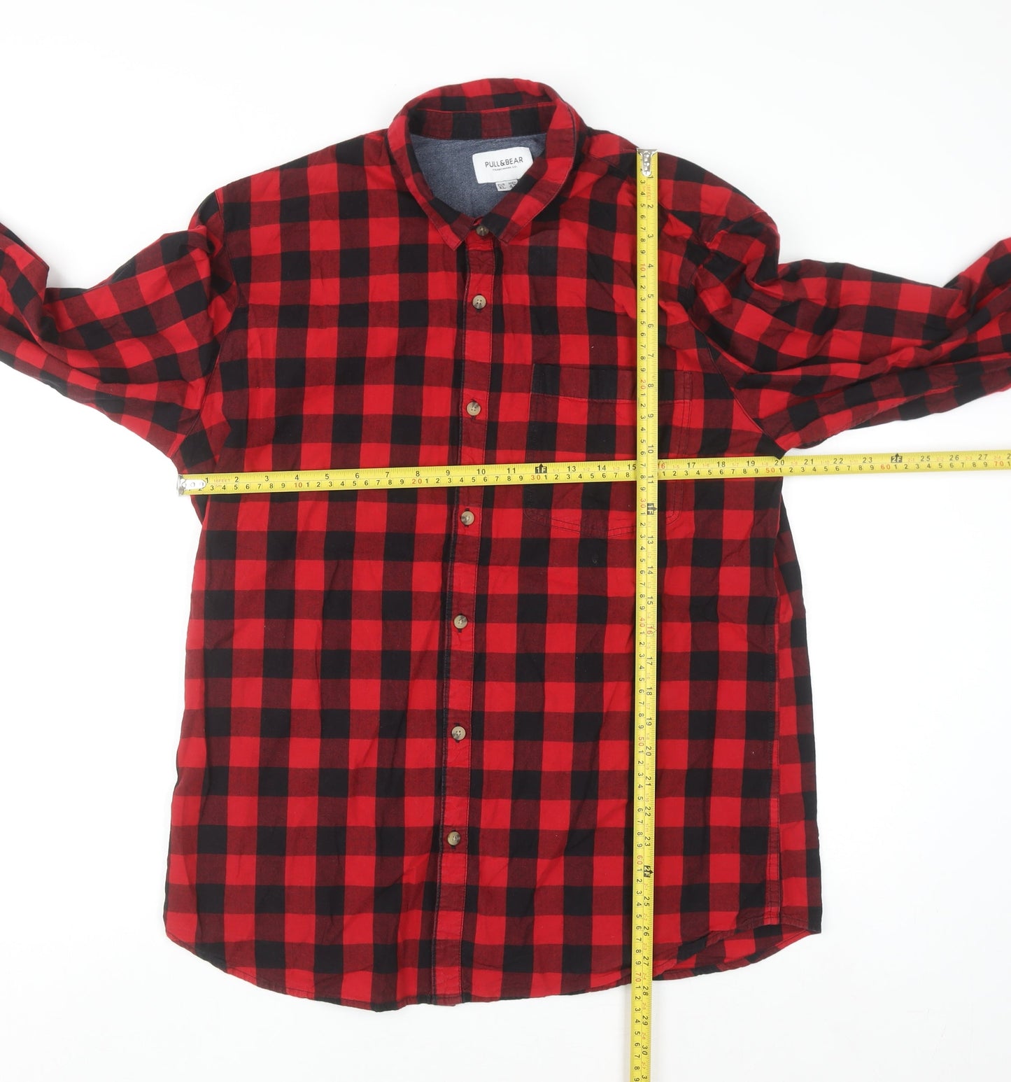 Pull & Bear Men's Red Check Button-Up Flannel Shirt XL