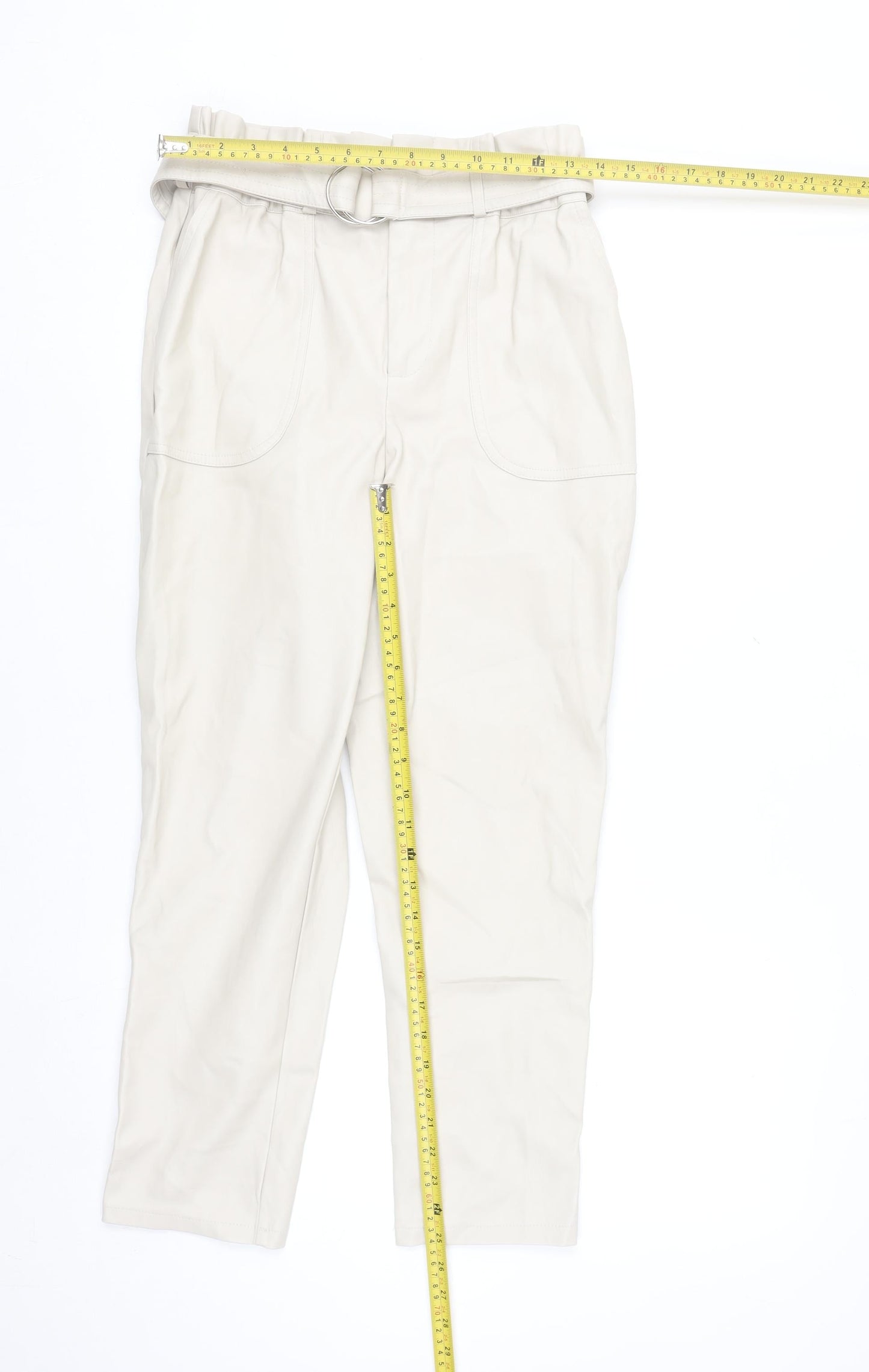Primark Women’s Beige Faux Leather Paperbag Trousers Size 10
