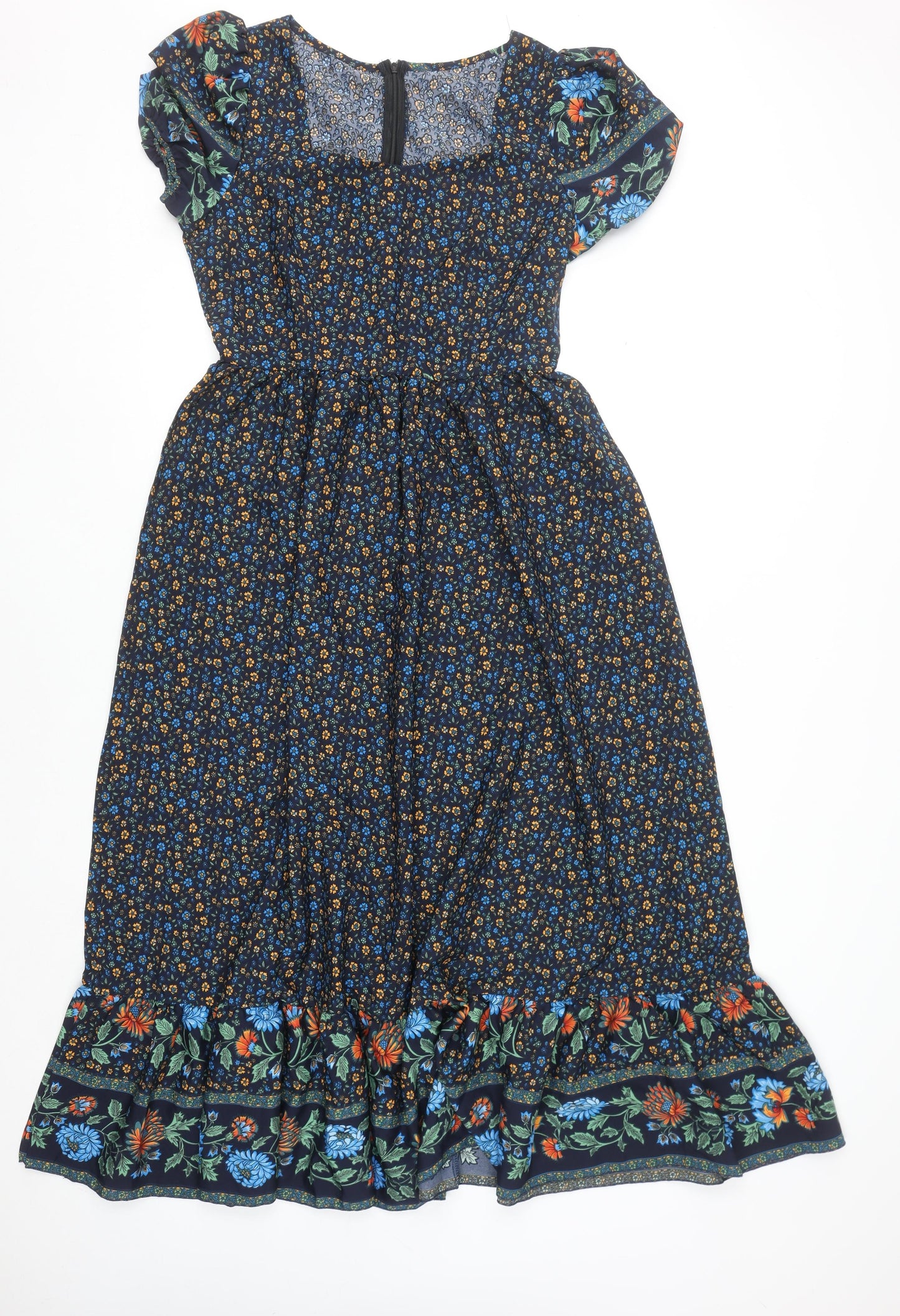 Skue Women Blue Floral Midi A-Line Dress Size 10 Puff Sleeve