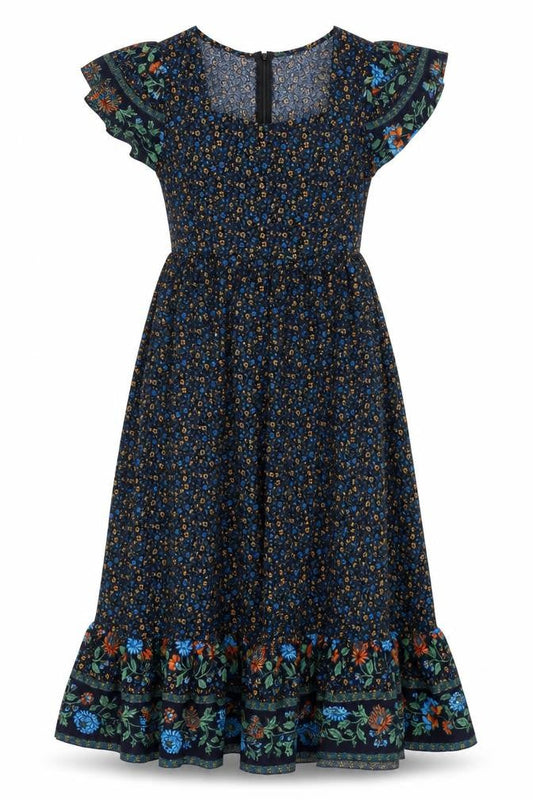 Skue Women Blue Floral Midi A-Line Dress Size 10 Puff Sleeve