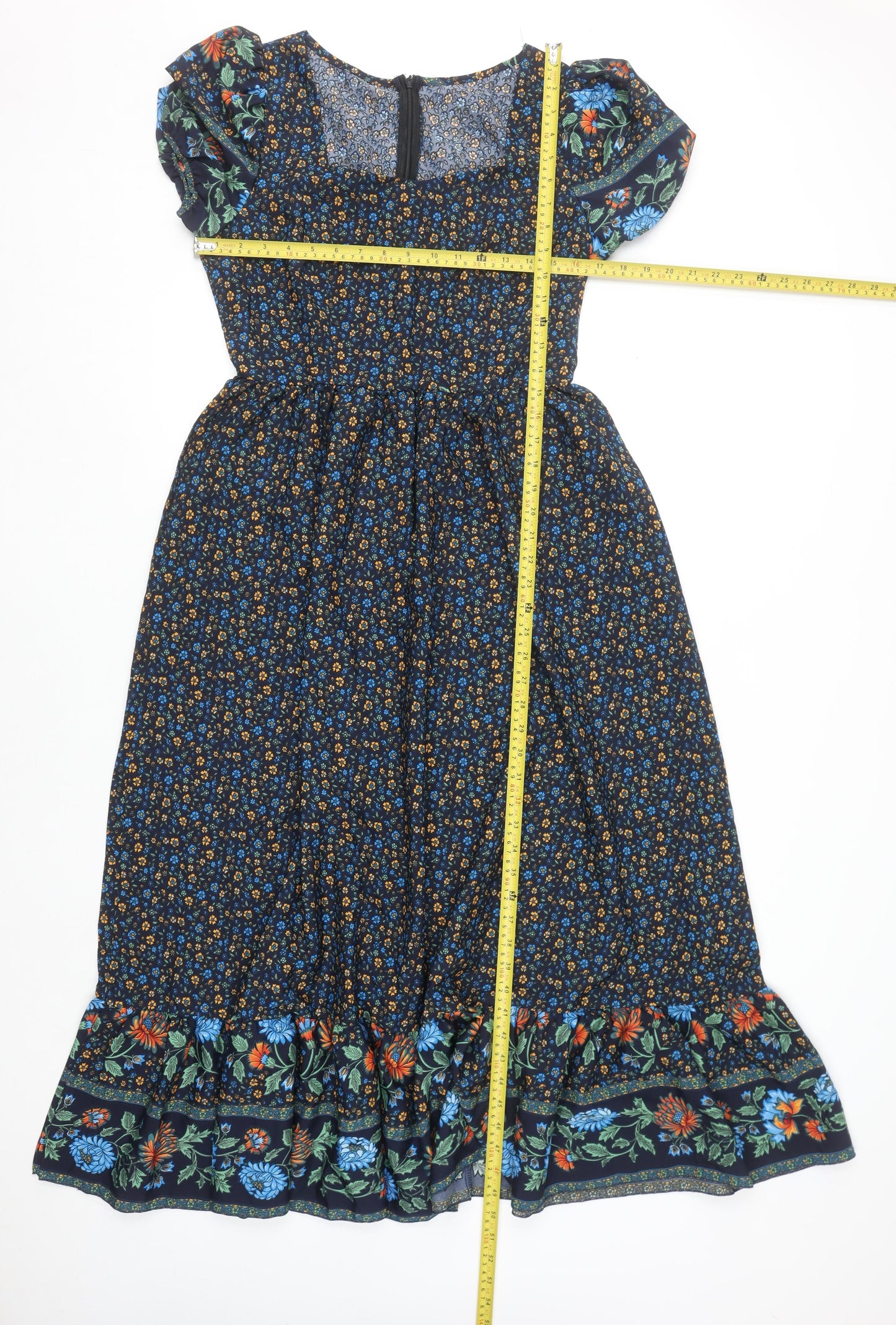 Skue Women Blue Floral Midi A-Line Dress Size 10 Puff Sleeve
