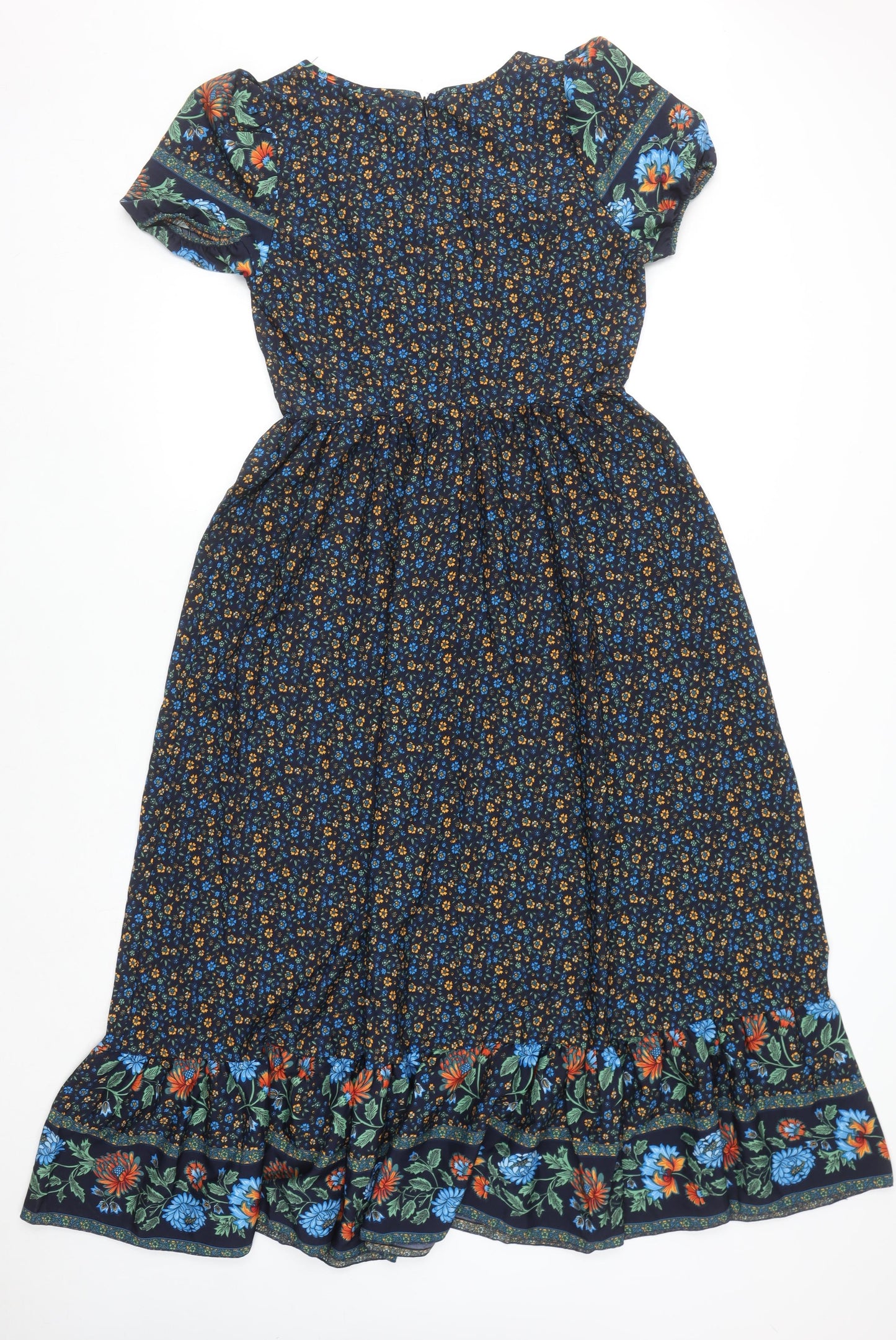 Skue Women Blue Floral Midi A-Line Dress Size 10 Puff Sleeve