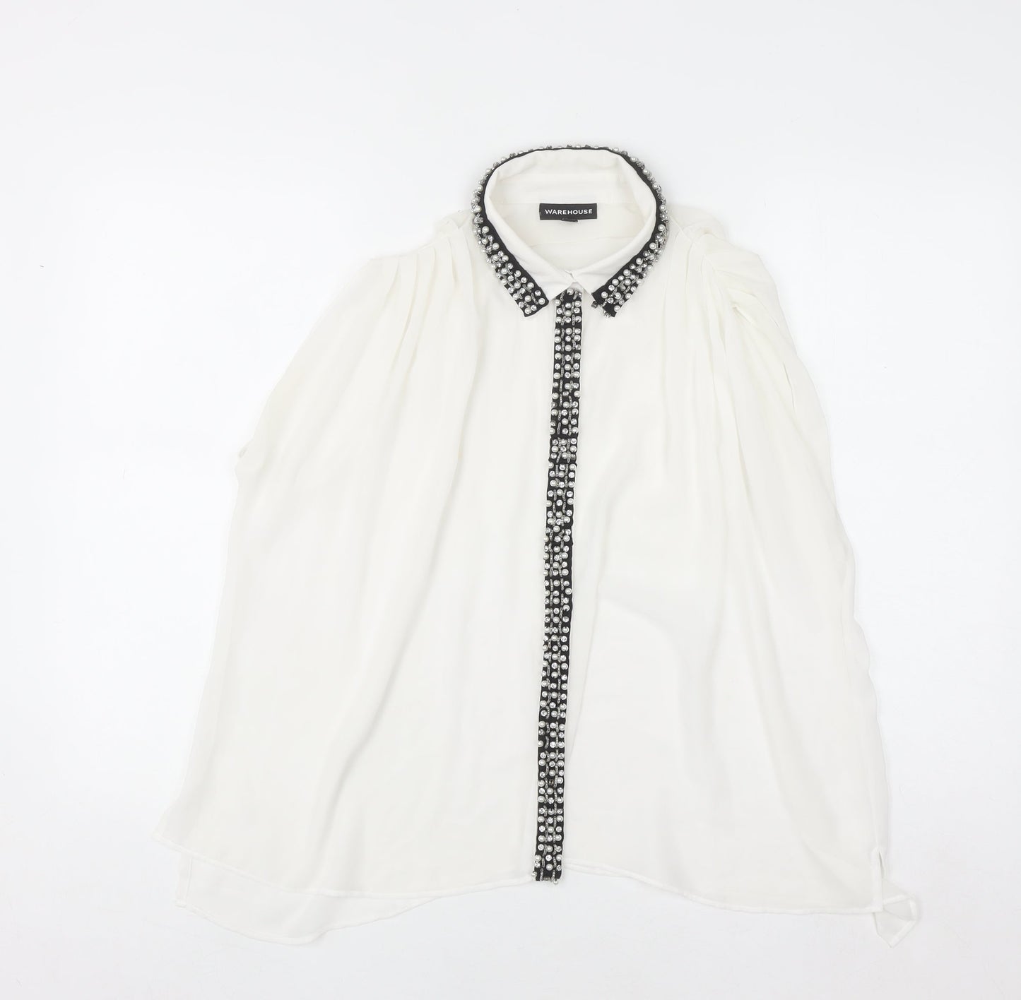 Warehouse Women's White Beaded Collared Sleeveless Chiffon Blouse UK10