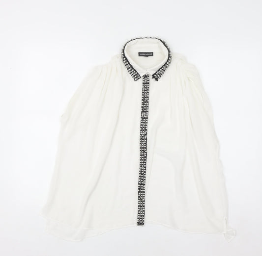 Warehouse Women's White Beaded Collared Sleeveless Chiffon Blouse UK10