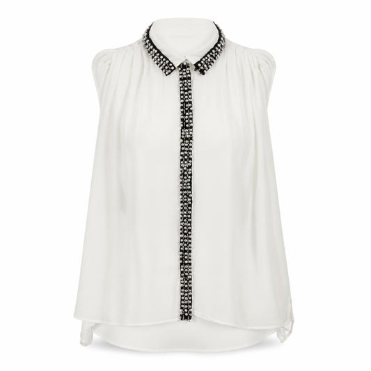 Warehouse Women's White Beaded Collared Sleeveless Chiffon Blouse UK10