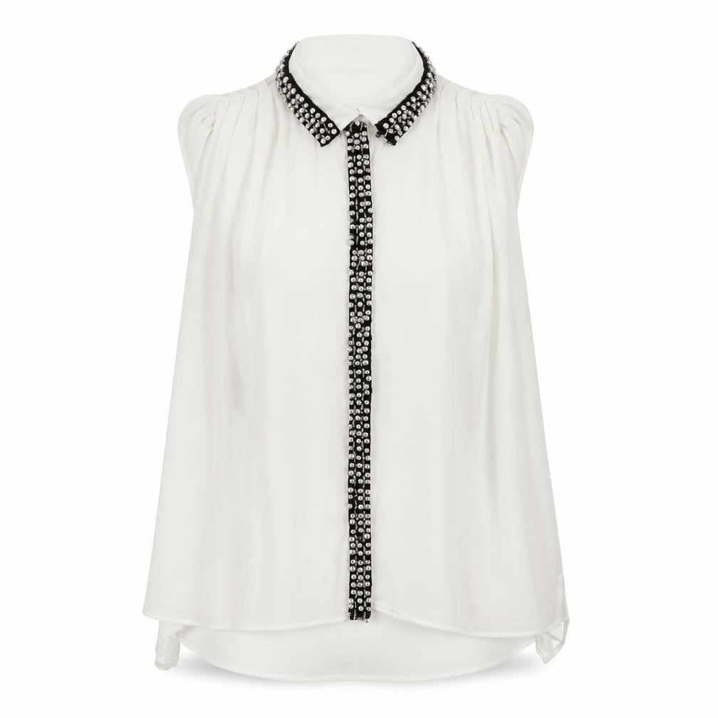 Warehouse Women's White Beaded Collared Sleeveless Chiffon Blouse UK10