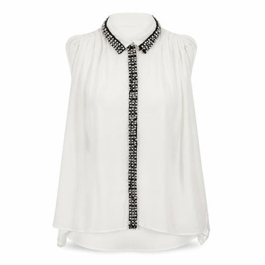 Warehouse Women's White Beaded Collared Sleeveless Chiffon Blouse UK10