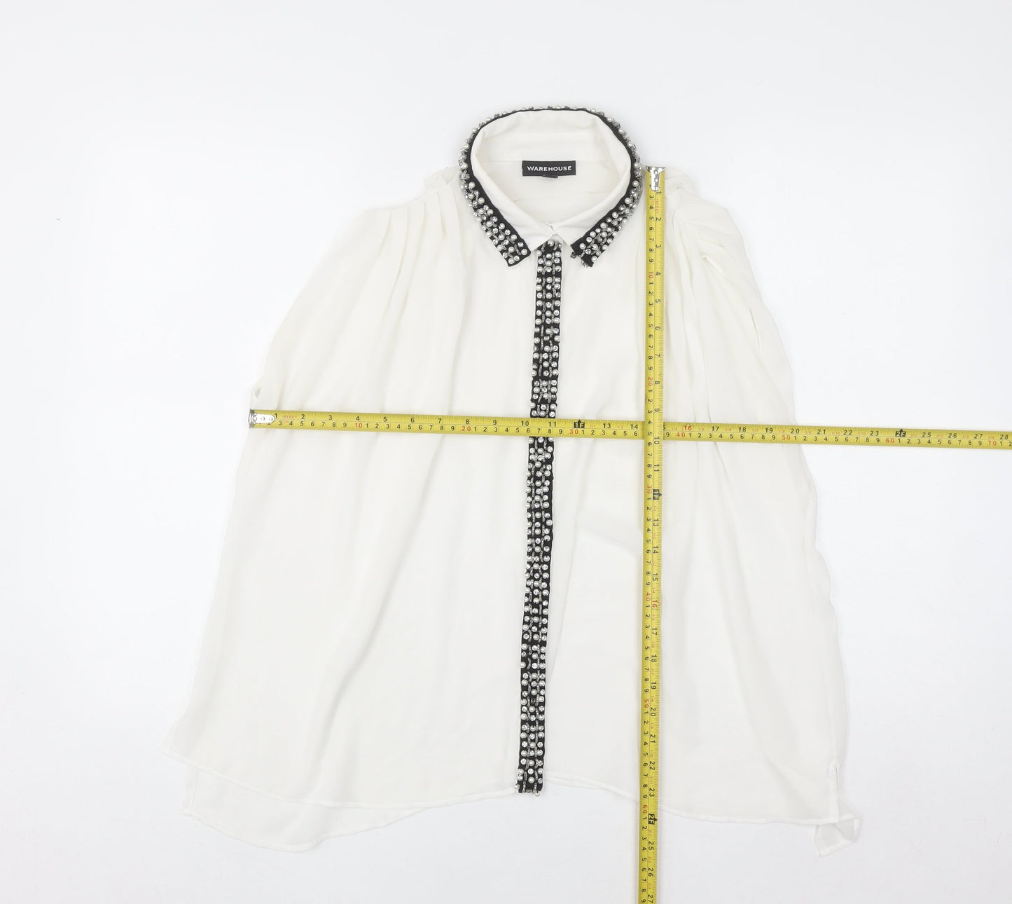 Warehouse Women's White Beaded Collared Sleeveless Chiffon Blouse UK10