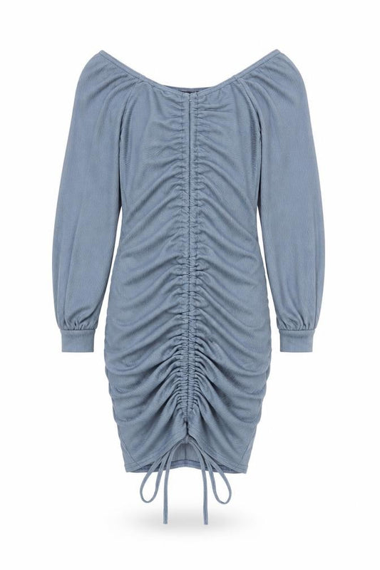 PrettyLittleThing Women Blue Size 6 Off Shoulder Ruched Bodycon Dress