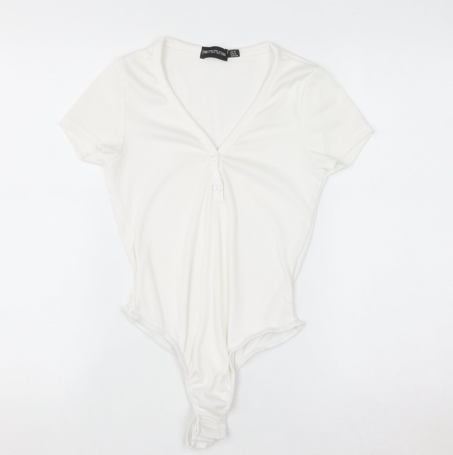 PrettyLittleThing Women White V-Neck Rib T-Shirt Bodysuit Size 10