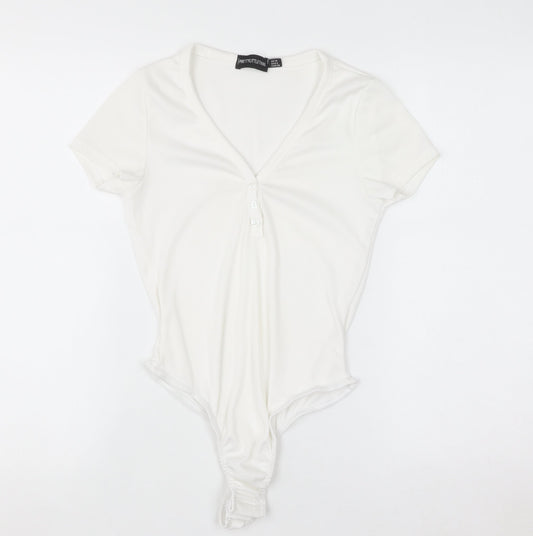 PrettyLittleThing Women White V-Neck Rib T-Shirt Bodysuit Size 10
