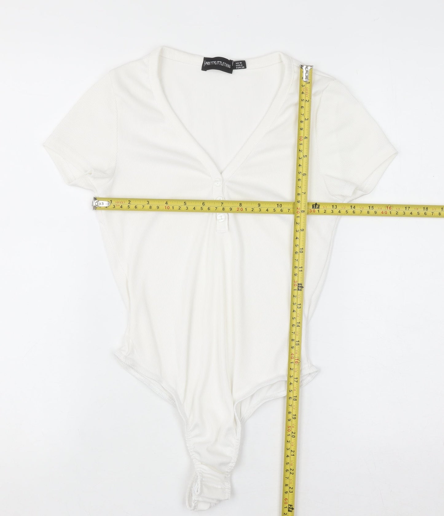 PrettyLittleThing Women White V-Neck Rib T-Shirt Bodysuit Size 10