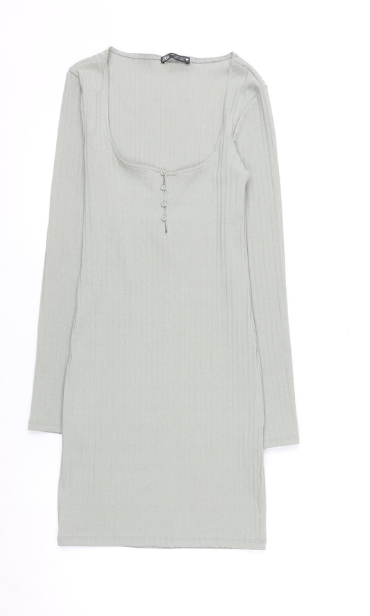 Zara Women Grey Size 8 Long Sleeve Ribbed Bodycon Dress