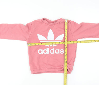 Back view of Adidas girls’ pink 6-7 years pullover crew neck graphic sweatshirt