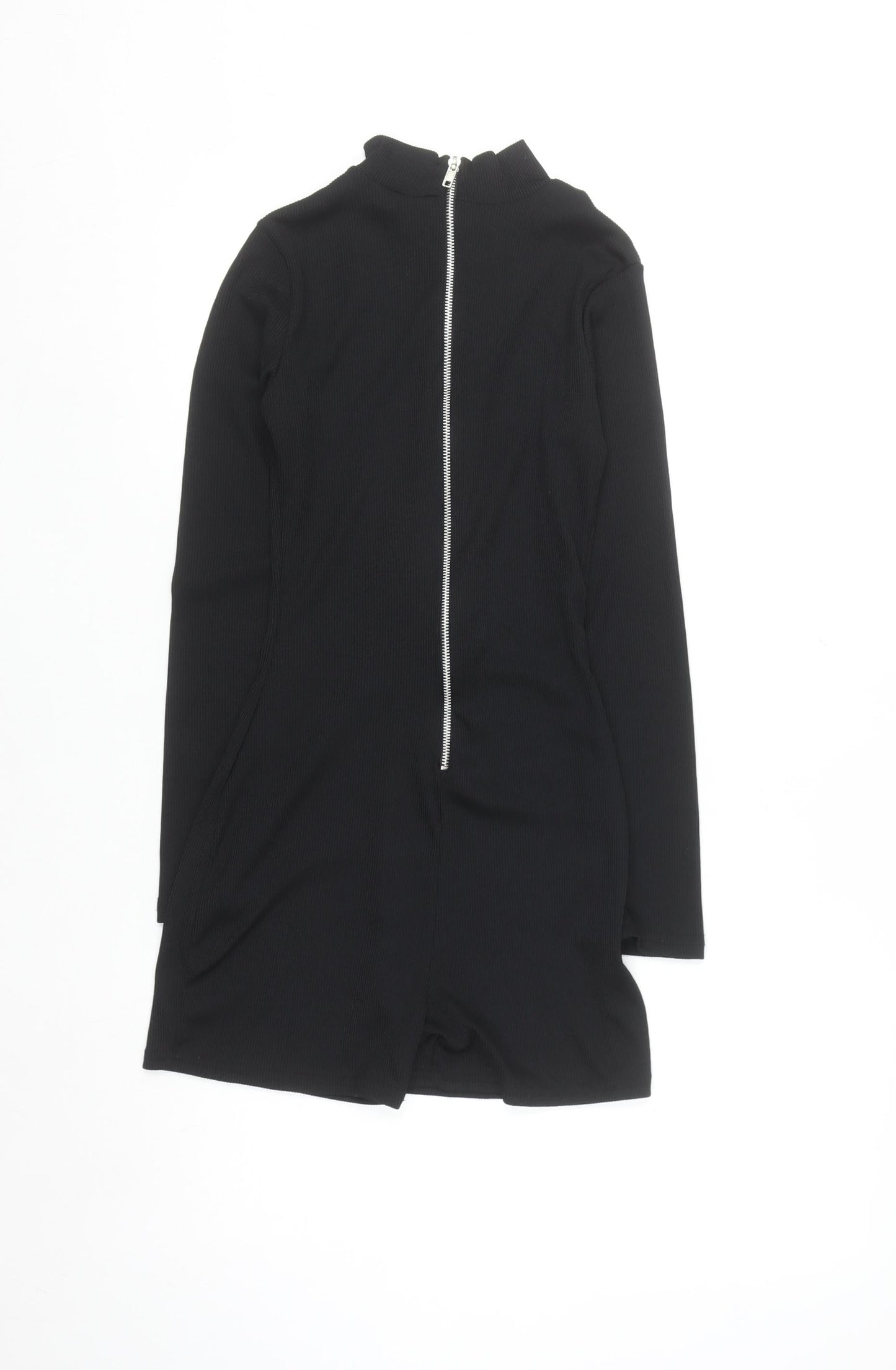PrettyLittleThing Women's Black Ribbed Zip Long Sleeve Playsuit Size 8