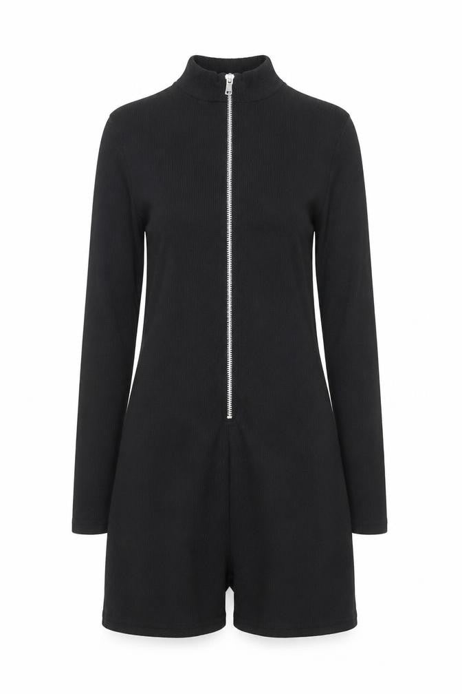 PrettyLittleThing Women's Black Ribbed Zip Long Sleeve Playsuit Size 8