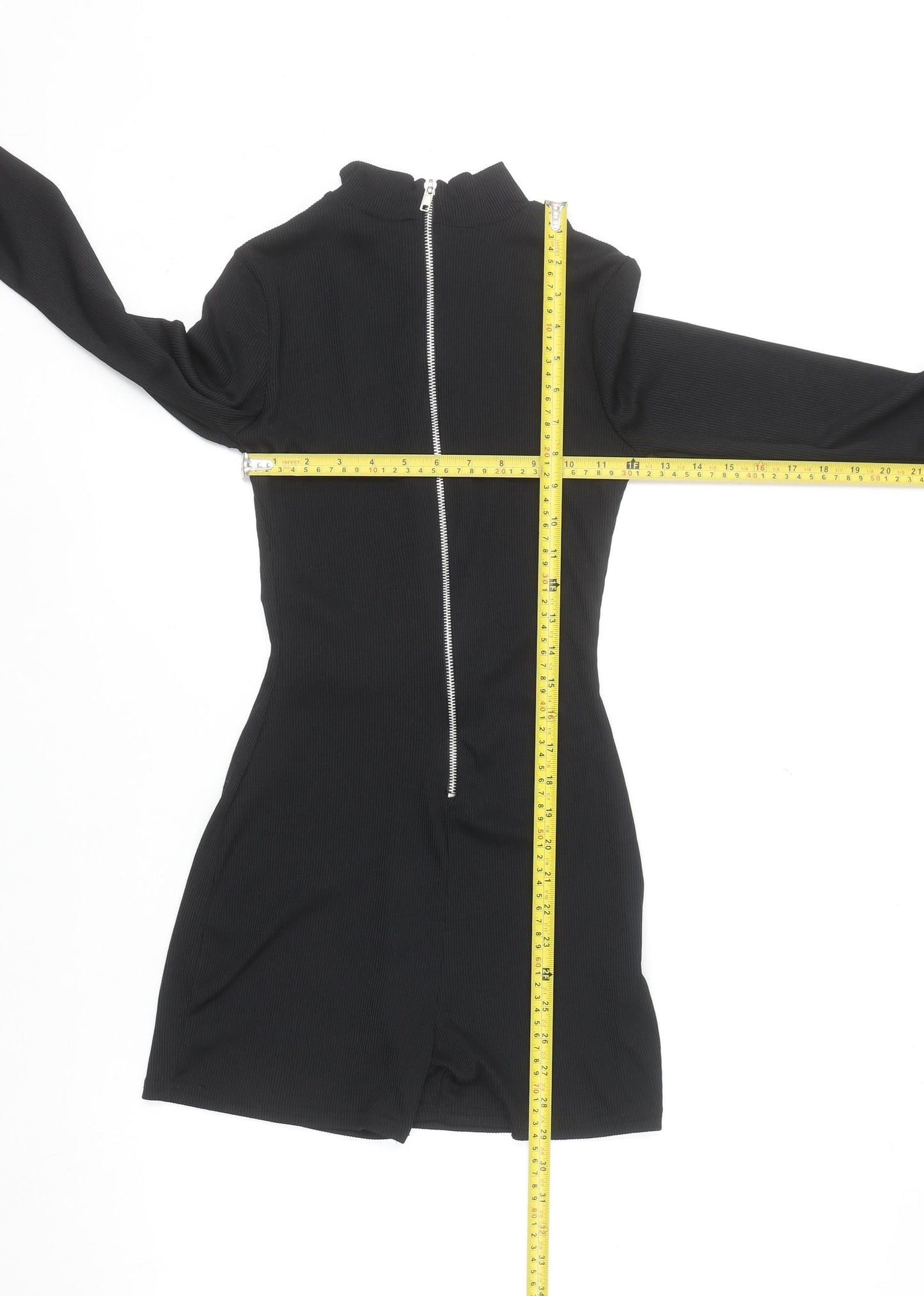 PrettyLittleThing Women's Black Ribbed Zip Long Sleeve Playsuit Size 8