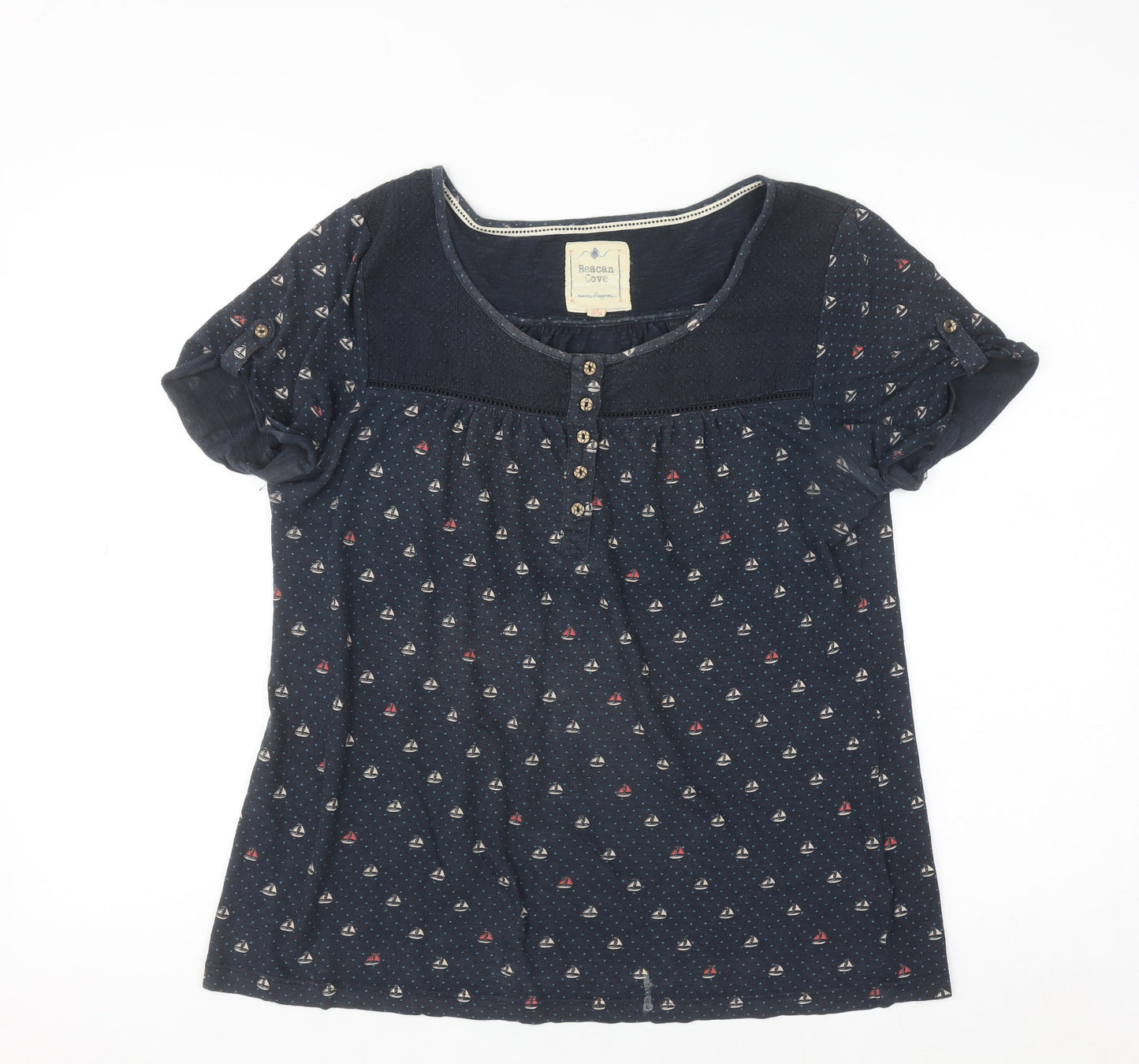 Reacan Cove Womens Blue Nautical Button Short Sleeve Cotton Blouse Size 12