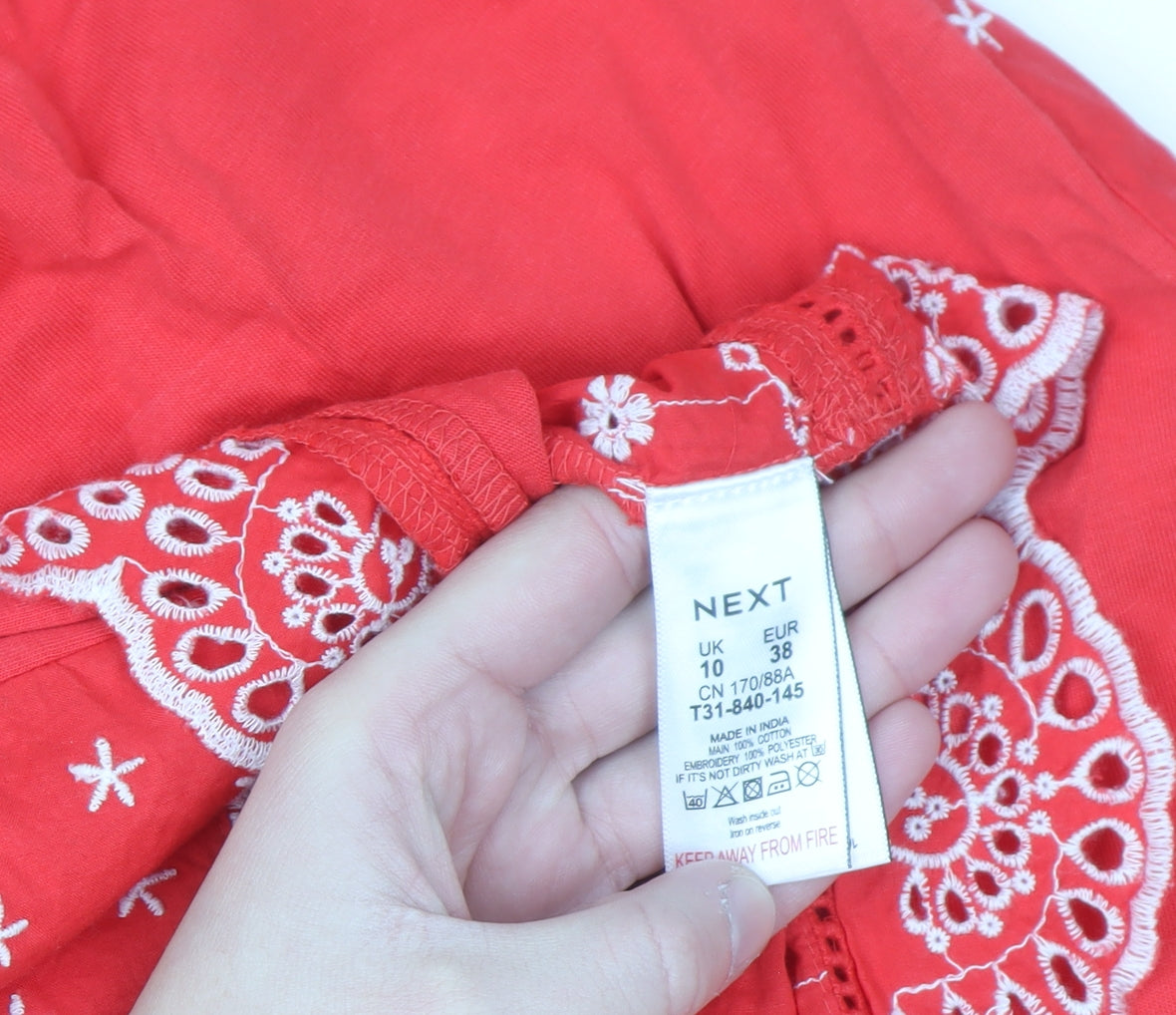 Next Women Red Cotton Embroidered Shift Dress Size 10 Summer Casual