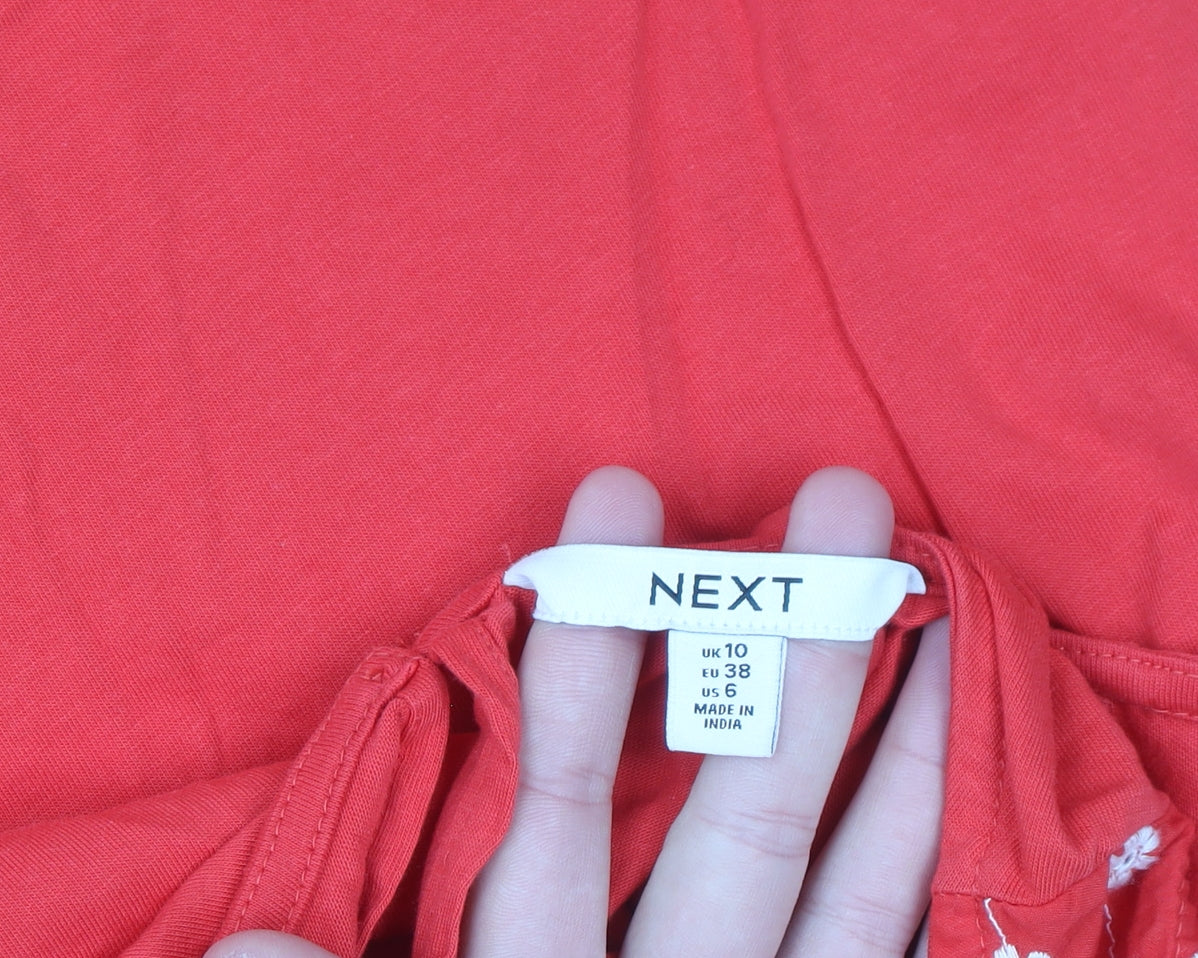 Next Women Red Cotton Embroidered Shift Dress Size 10 Summer Casual
