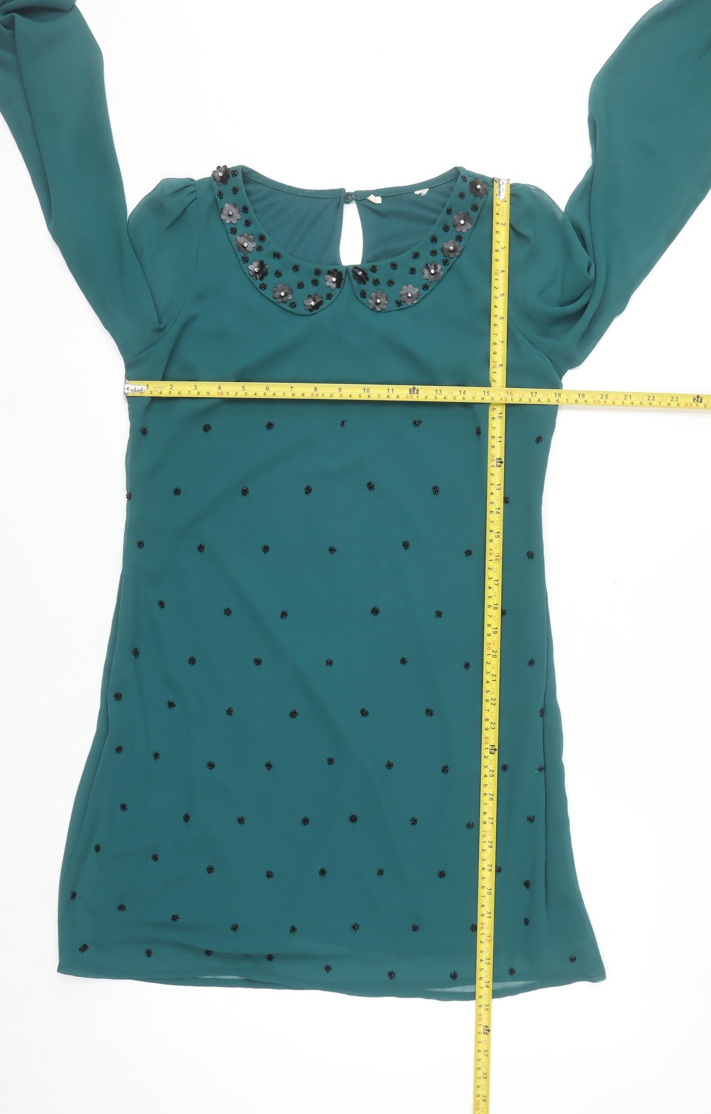 Yumi Women Green Size 14 Beaded Peter Pan Collar Shift Dress