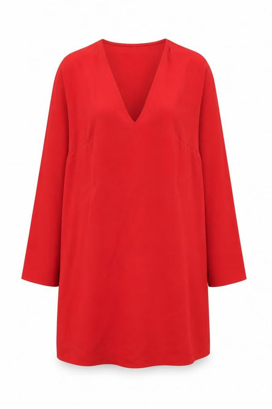 H&M Women Red Shift Dress Size 18 V-Neck Long Sleeve Woven