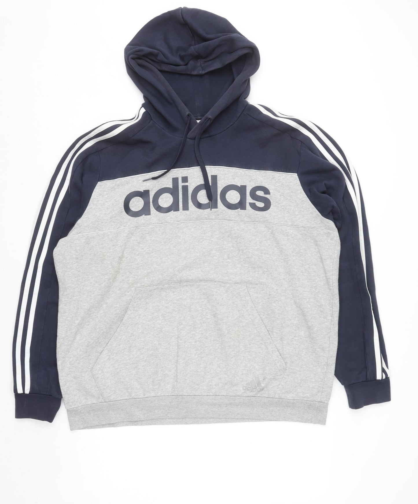 Adidas Men's Grey XL Pullover Hoodie with Logo and Stripe Detail