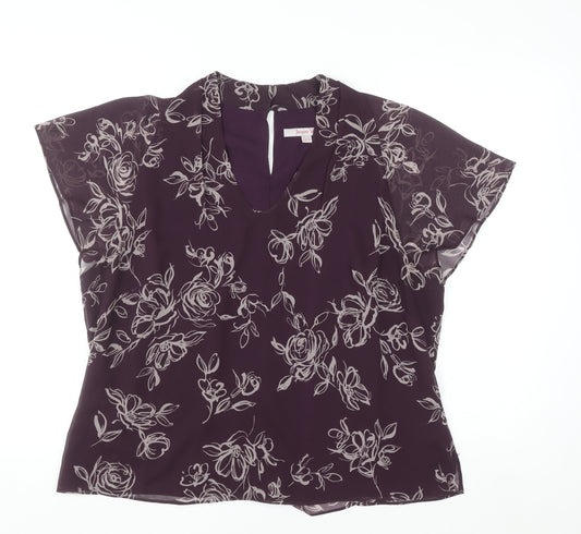 Jacques Vert Women's Purple Floral Chiffon V-Neck Tunic Blouse Size 18