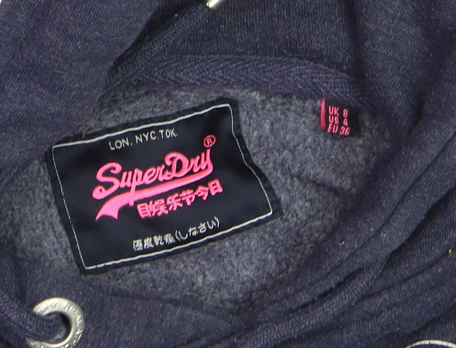 Superdry Women Navy Blue Pullover Hoodie UK 8 Cotton Blend Graphic Print