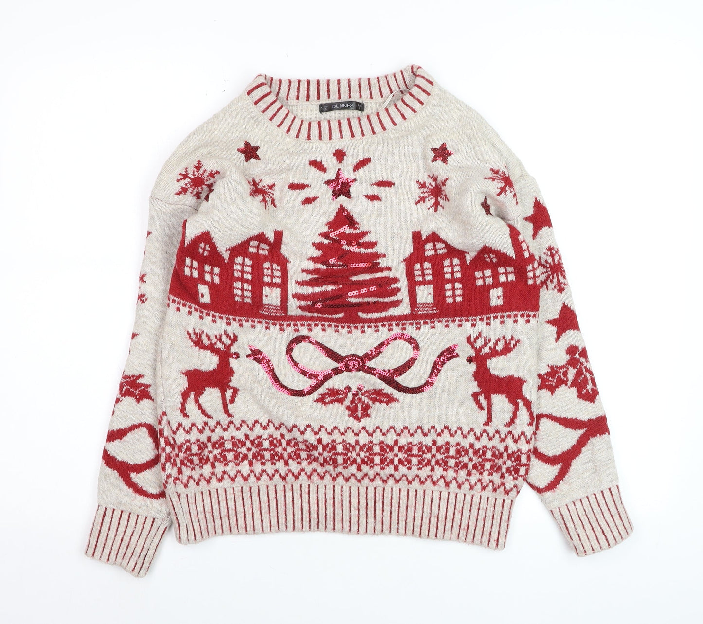 Dunnes Women Red Christmas Fair Isle Sequin Pullover Jumper Size S
