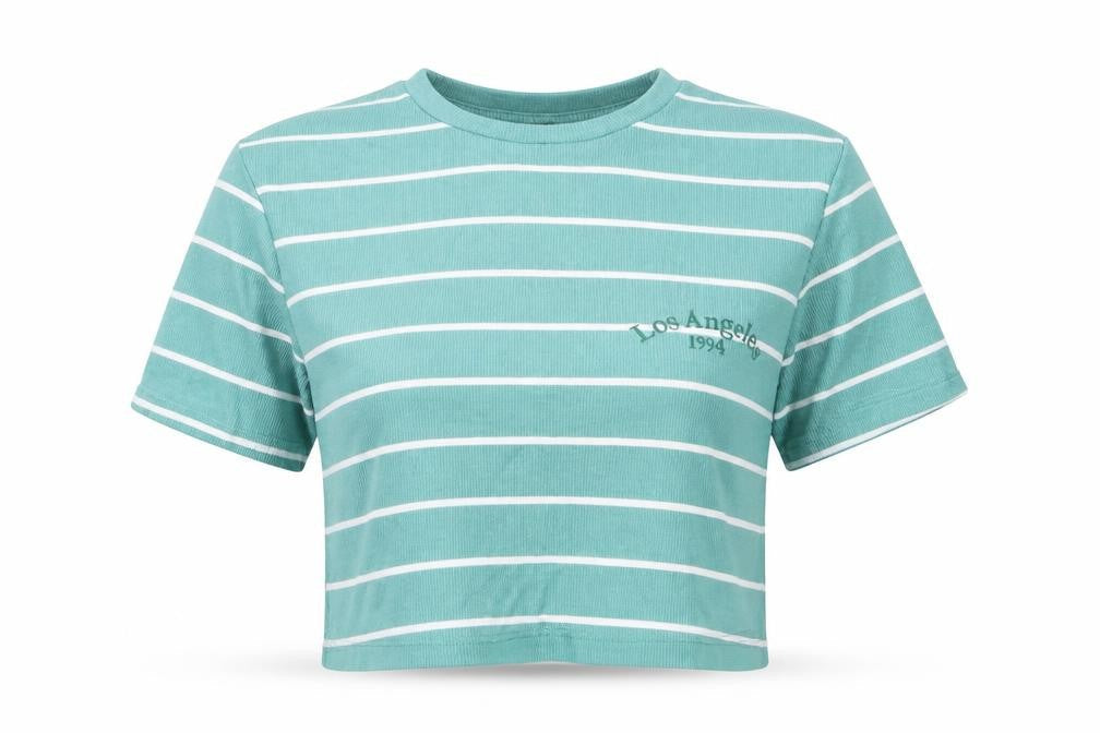 Dunnes Women's Green Striped Cropped T-Shirt M
