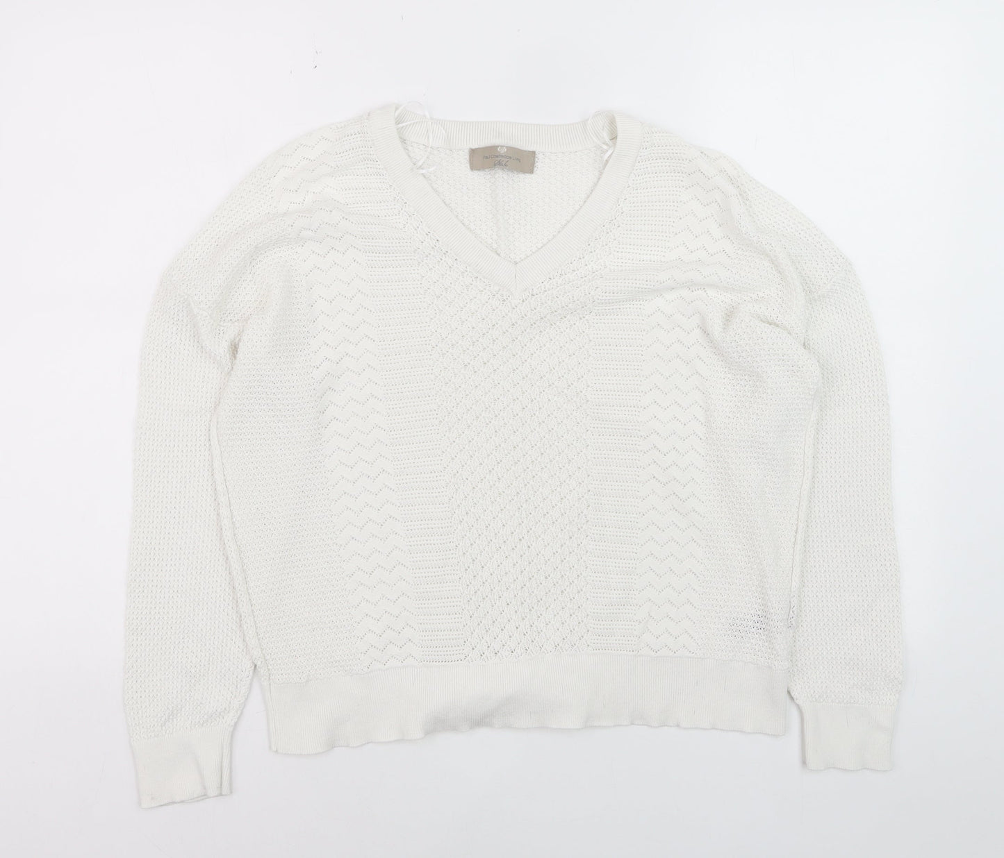Paul Costelloe Women Ivory V-Neck Cotton Knit Jumper XL