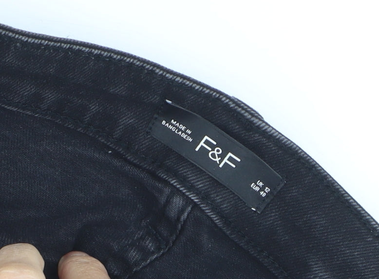 F&F Women's Black Straight Leg Jeans UK 12 High Rise Denim