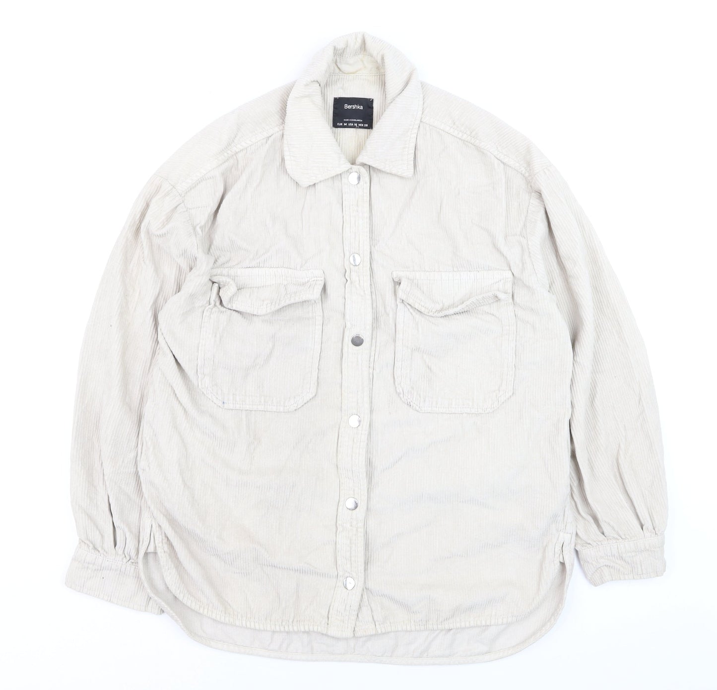 Bershka Men's Beige Corduroy Button-Up Casual Shirt Size M
