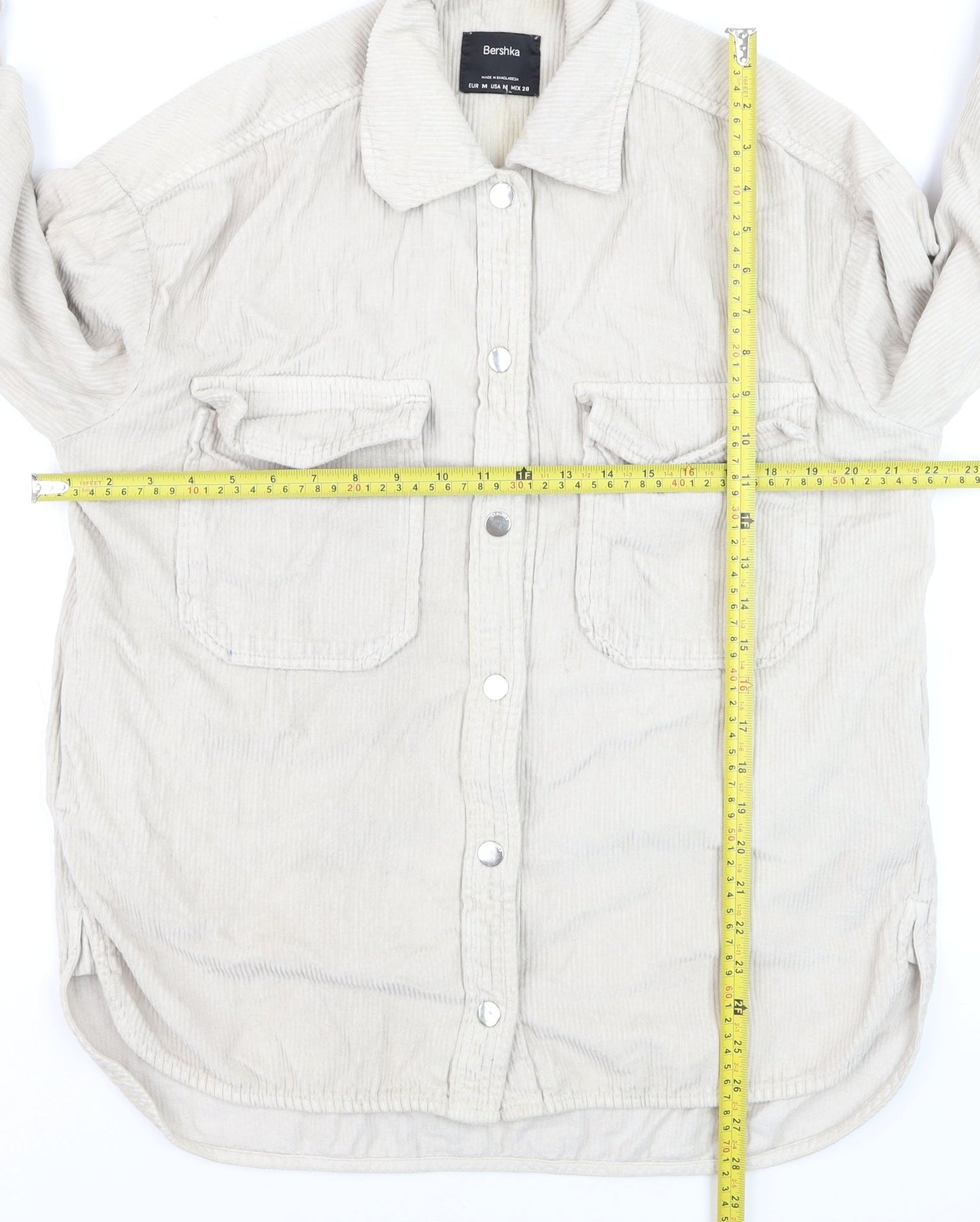 Bershka Men's Beige Corduroy Button-Up Casual Shirt Size M
