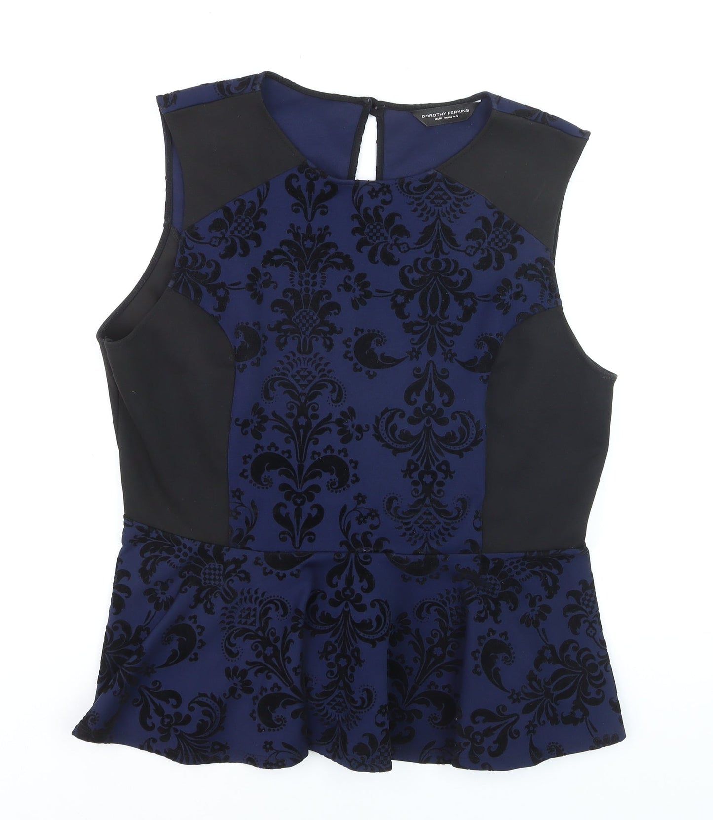 Dorothy Perkins Womens Blue Velvet Floral Peplum Sleeveless Blouse Size 18
