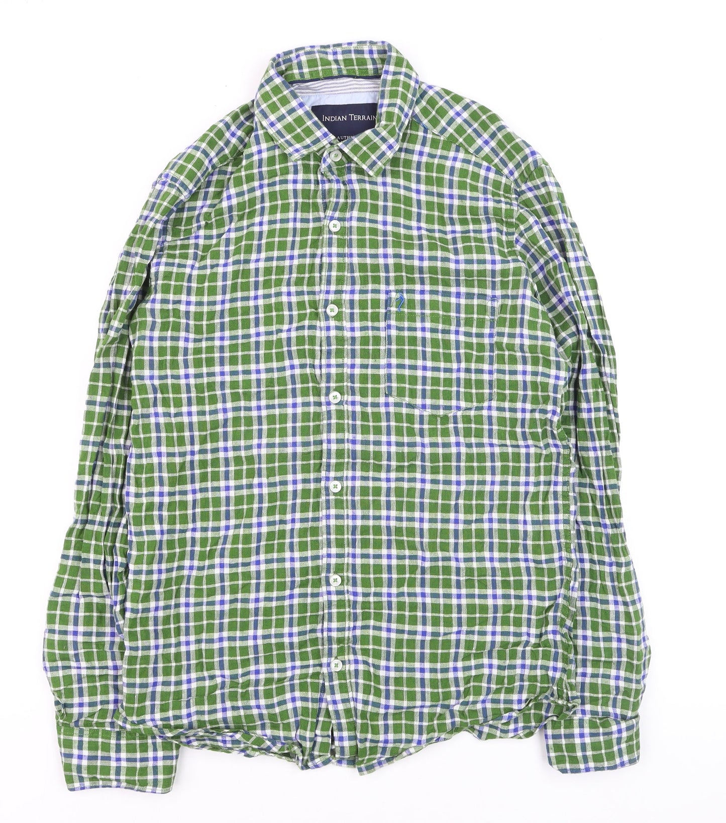 Indian Terrain Men's Green Check Long Sleeve Cotton Shirt L