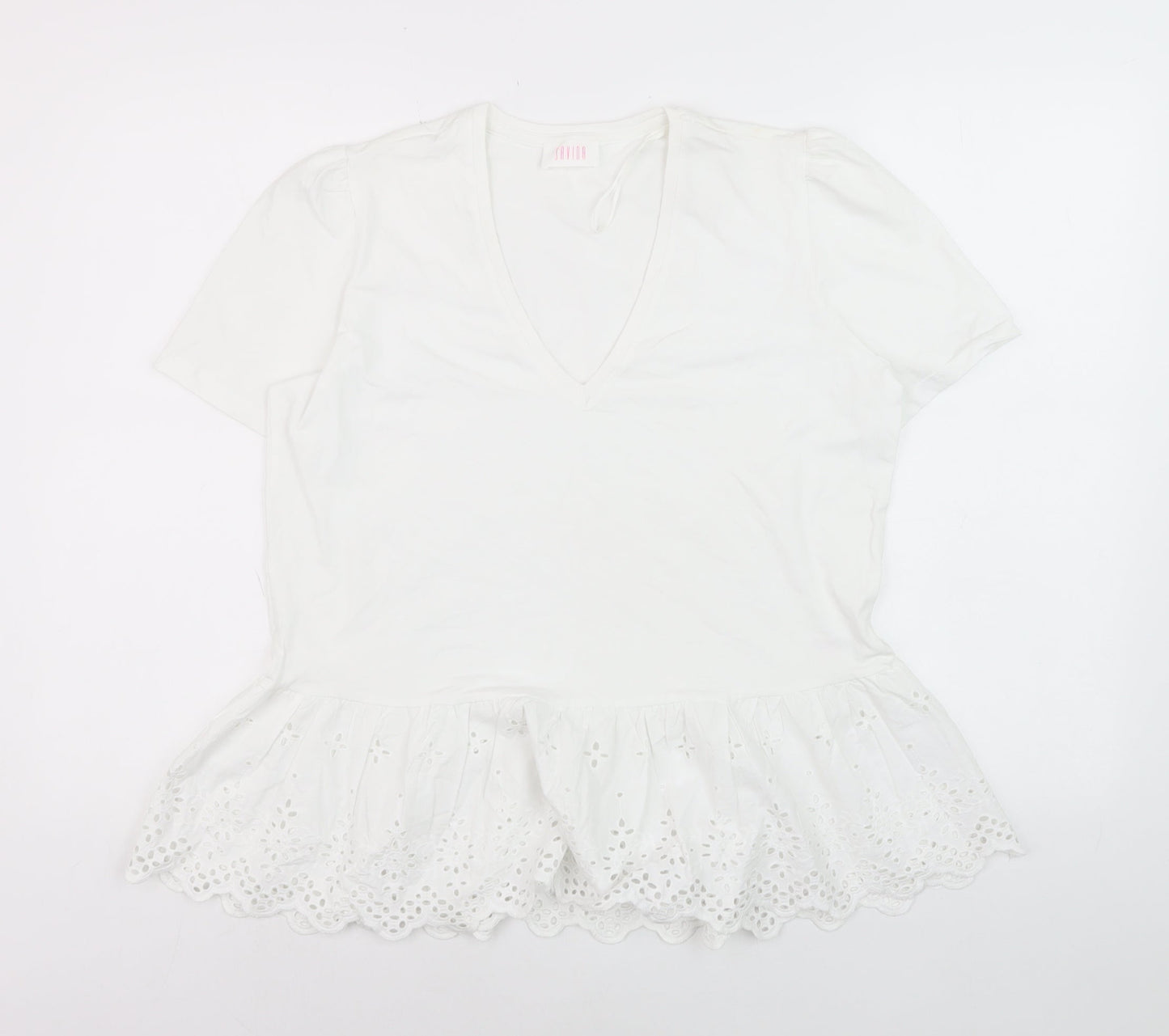 Savida Women White V-Neck Tunic T-Shirt Size 16 Cotton Embroidered Hem