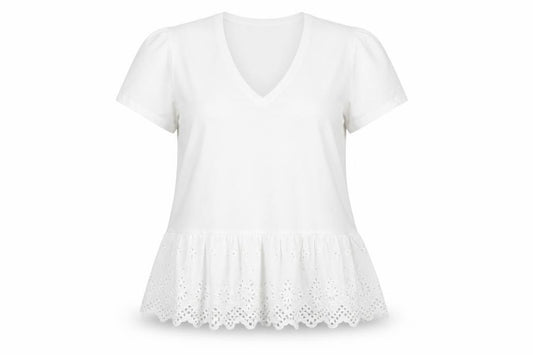 Savida Women White V-Neck Tunic T-Shirt Size 16 Cotton Embroidered Hem