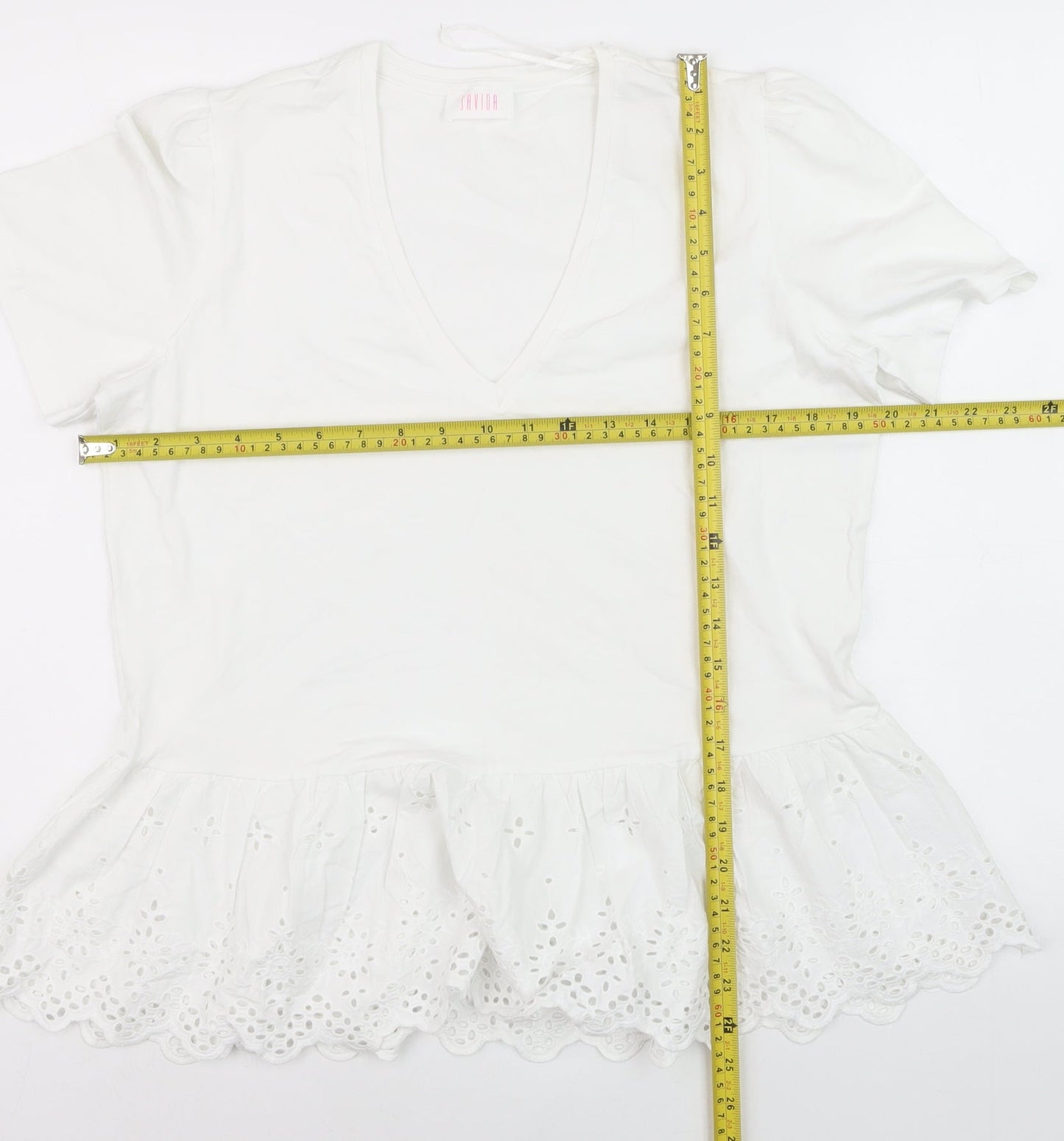 Savida Women White V-Neck Tunic T-Shirt Size 16 Cotton Embroidered Hem