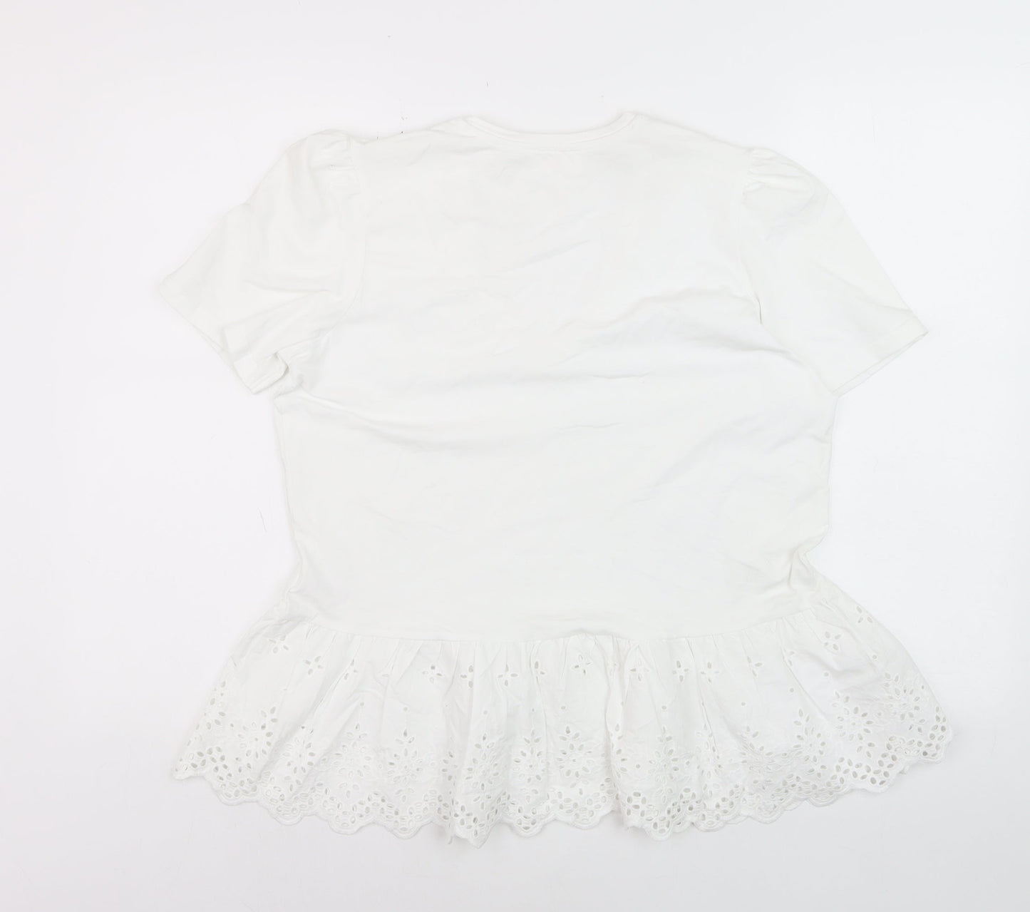 Savida Women White V-Neck Tunic T-Shirt Size 16 Cotton Embroidered Hem