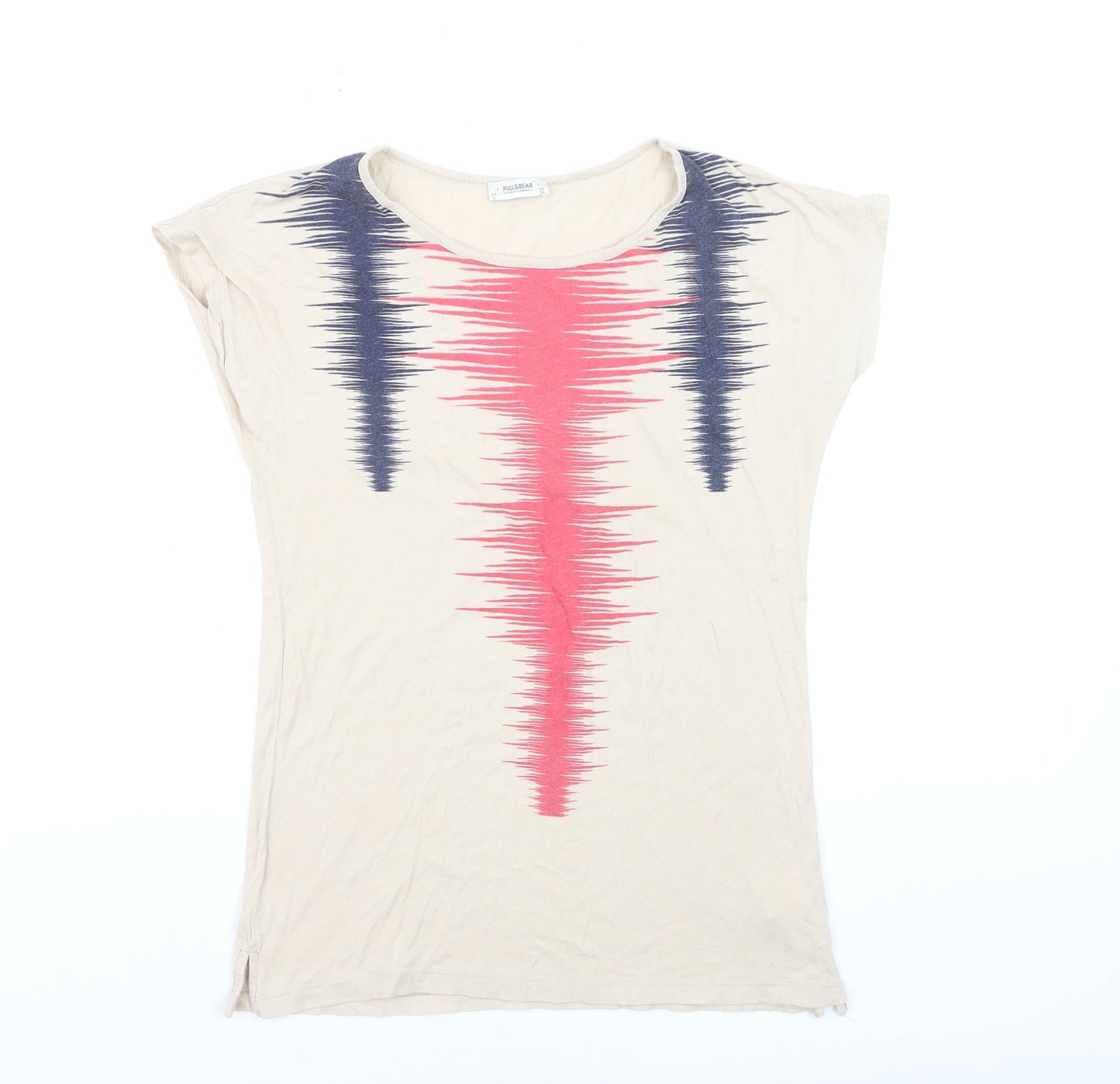Pull&Bear Women’s Beige Geometric Print Cotton T-Shirt Size 8
