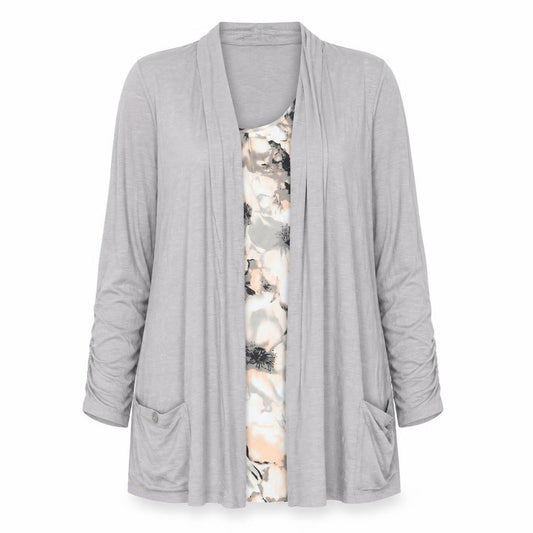 Dunnes Women Grey Floral Tunic Blouse Size 16 Long Sleeve