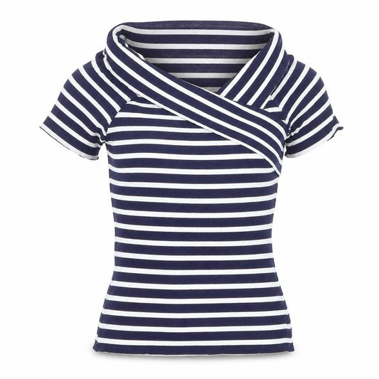 Oasis Women's Blue White Striped Off Shoulder T-Shirt Size M